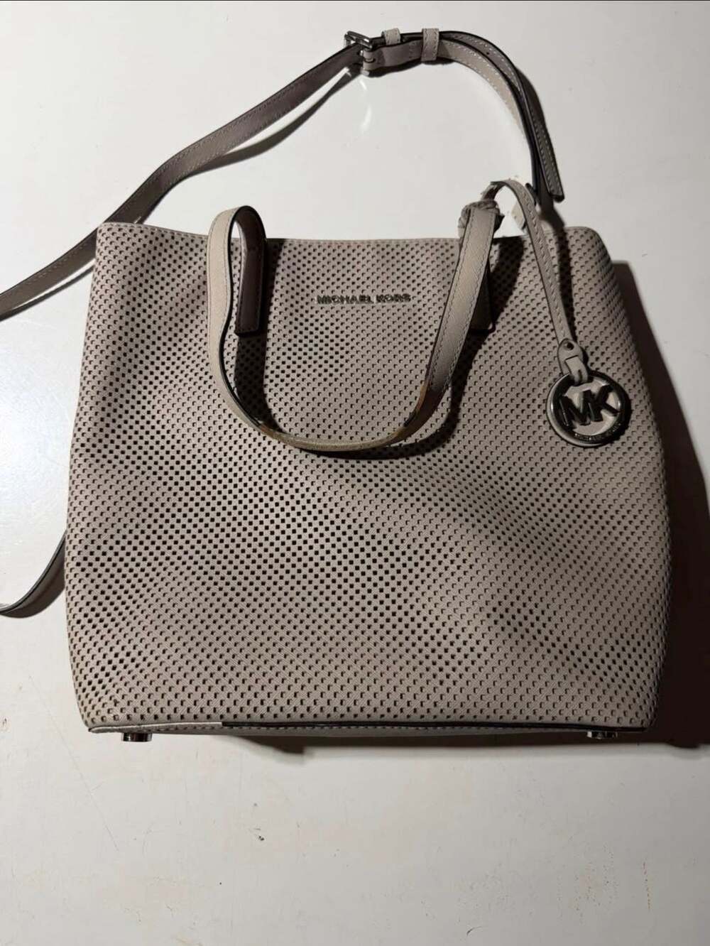 Michael Kors Kimberly Medium Perforated Saffiano Leather Tote Crossbody Bag Grey